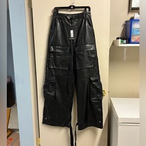 PrettyLittleThing Black PU Pocket Cuff Detail Cargo Trousers